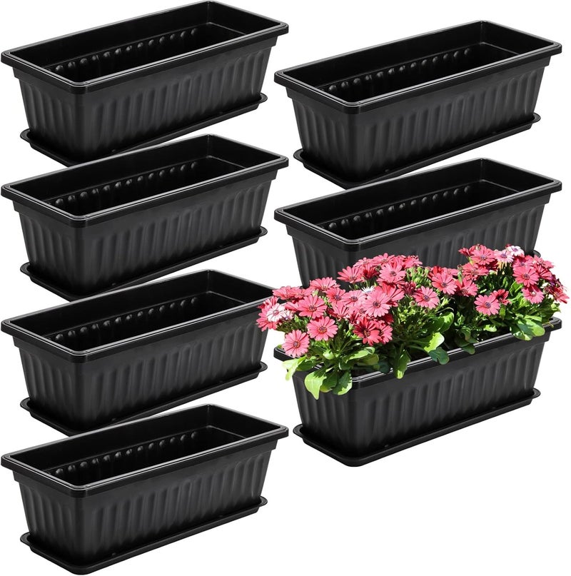 Fasmov 7 Pack 17 Inches Flower Window Box Plastic Vegetable Planters with Trays Vegetables Growing Container Garden Flower Plant Pot with 7 Pcs Plant Labels for Balcony, Patio, Garden, Black - Image 1
